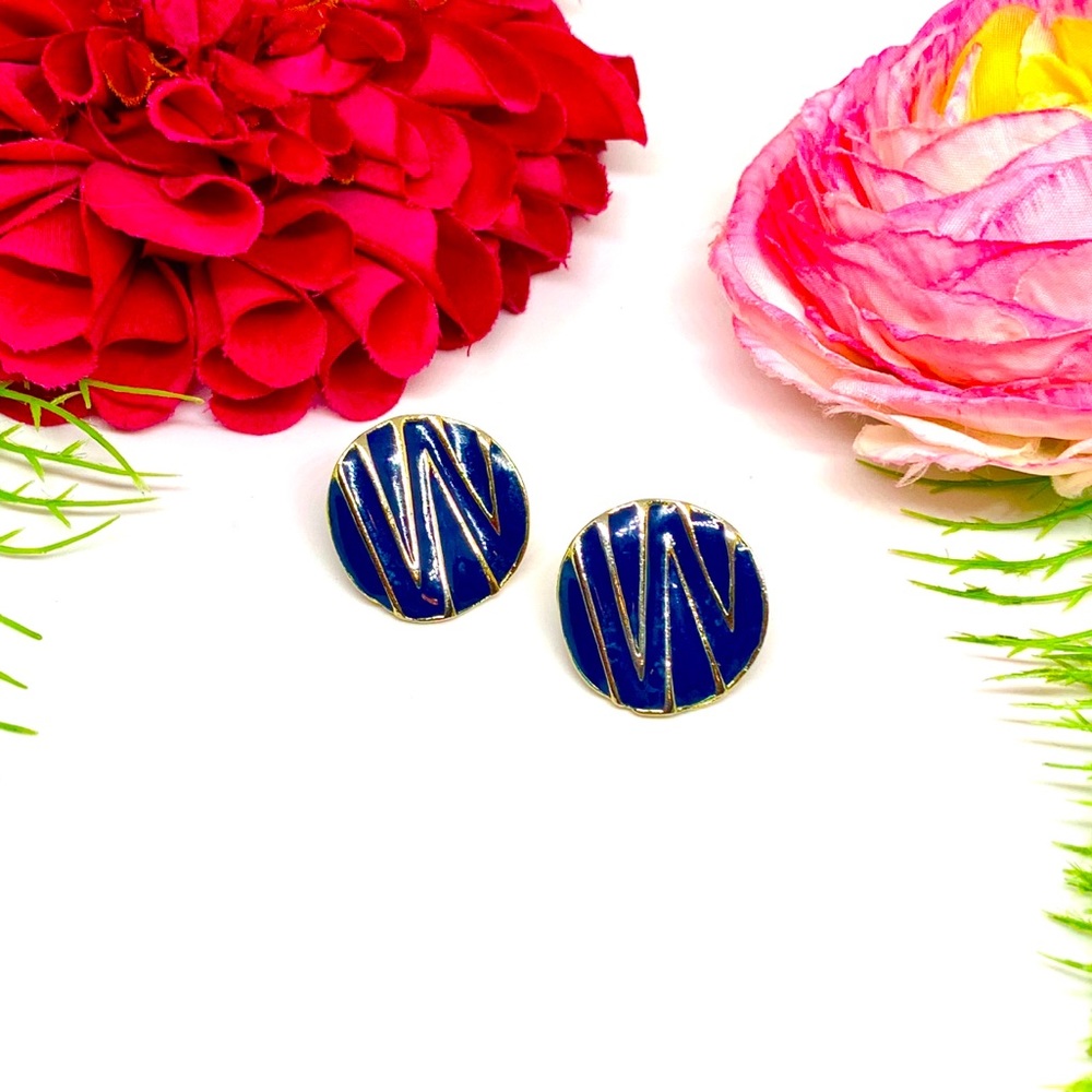 VINTAGE⚜️Navy Blue Wavy Geometric Clip Earrings